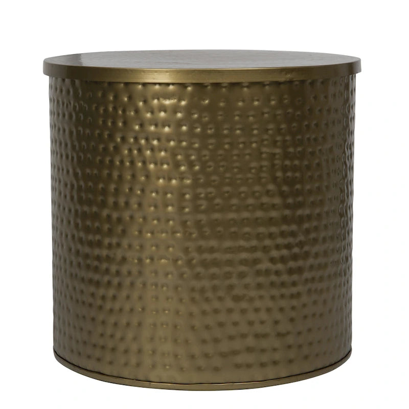 Table d'appoint-tambour martelée en laiton avec couvercle