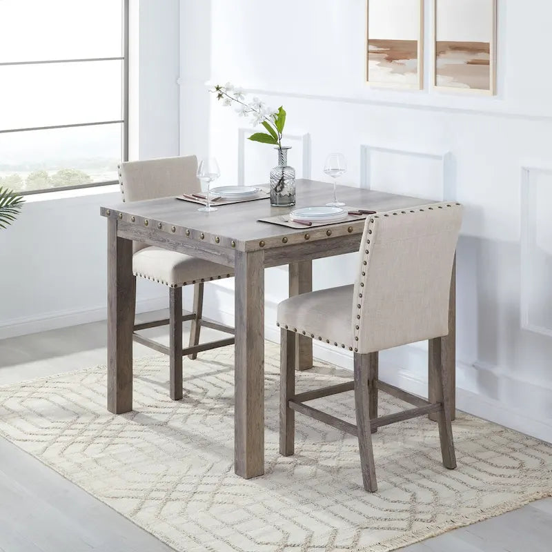  Farmhouse Style 3-piece Square Bar Table Set, 2 Upholstered Counter Stools with Bar Table Dining Set