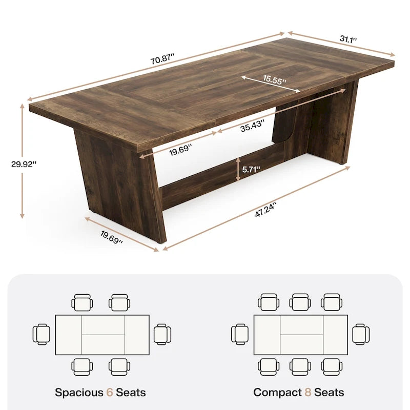 Table de salle à manger de grande ferme de 70,87 po pour 6 à 8 personnes, marron
